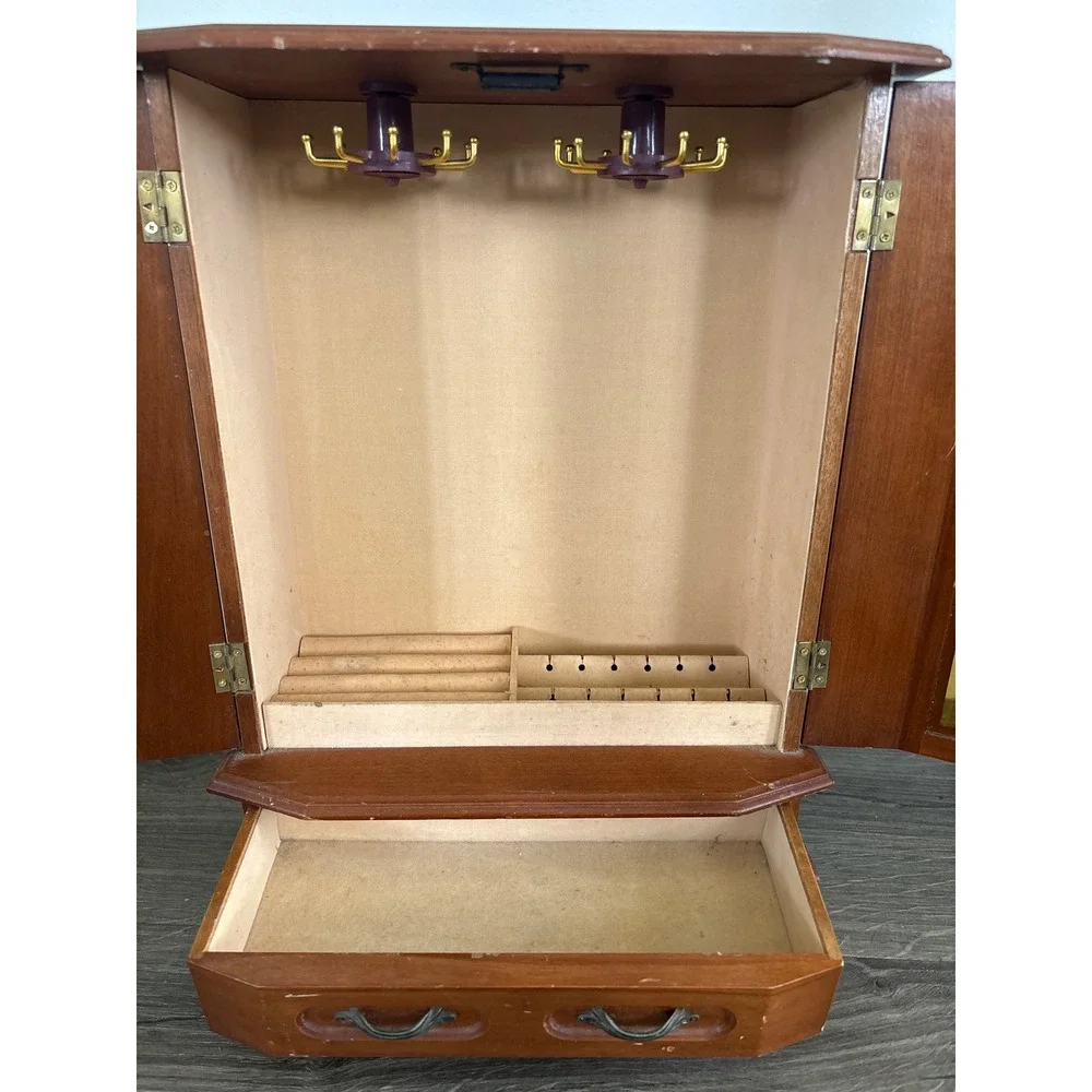 Vintage‎ Wooden Jewelry Armoire Wardrobe Etched Glass Doors Necklace Carousel